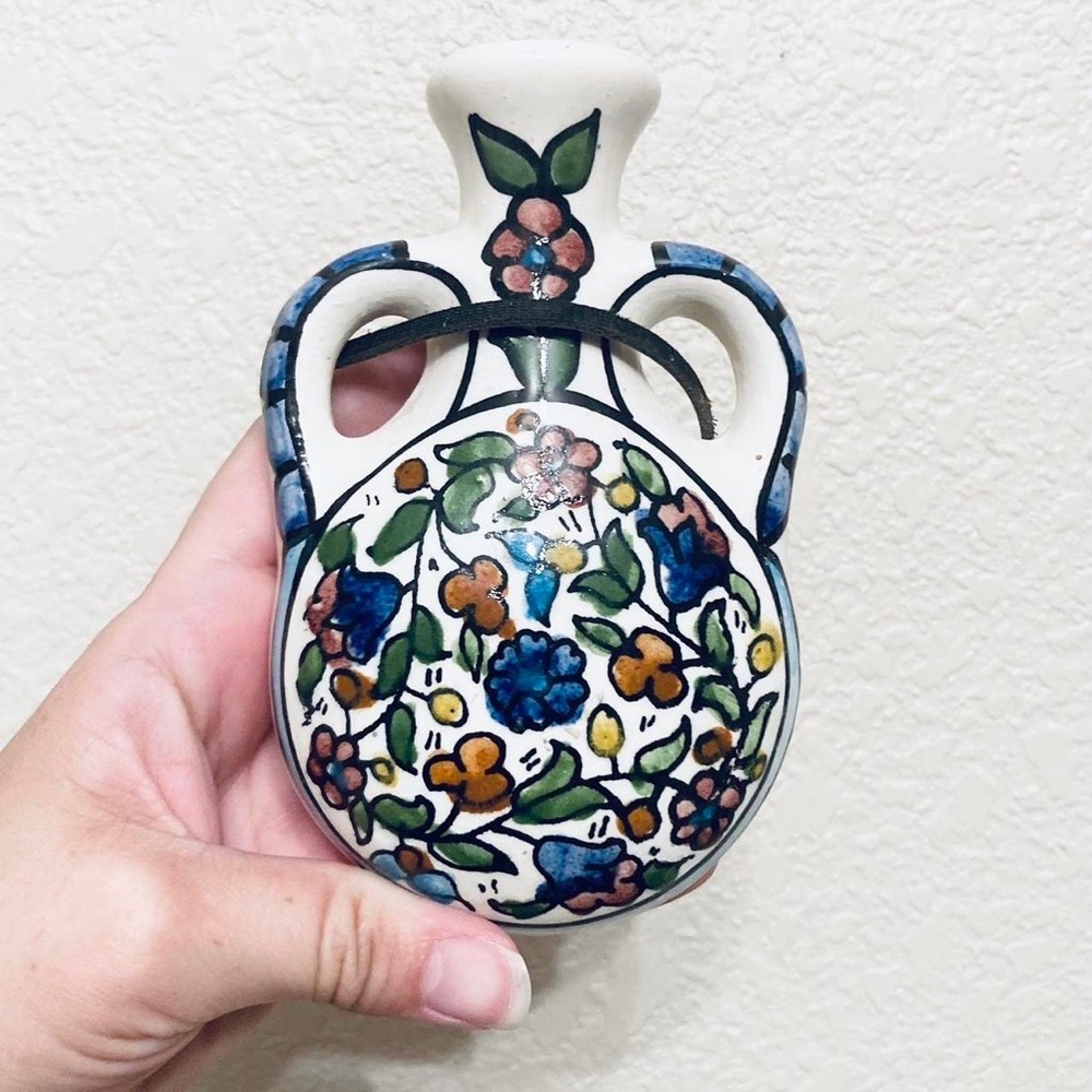 Portuguese Ceramic Art Pottery Floral Vintage 5” Flask style small vase wall art